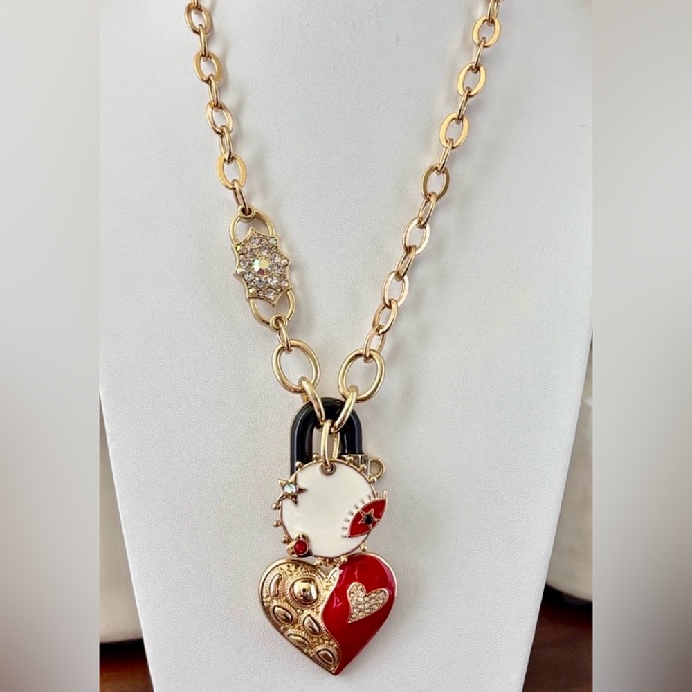 Laura Ford Enameled Red Heart, 3 charm, gold chain,bracelet & post earrings
